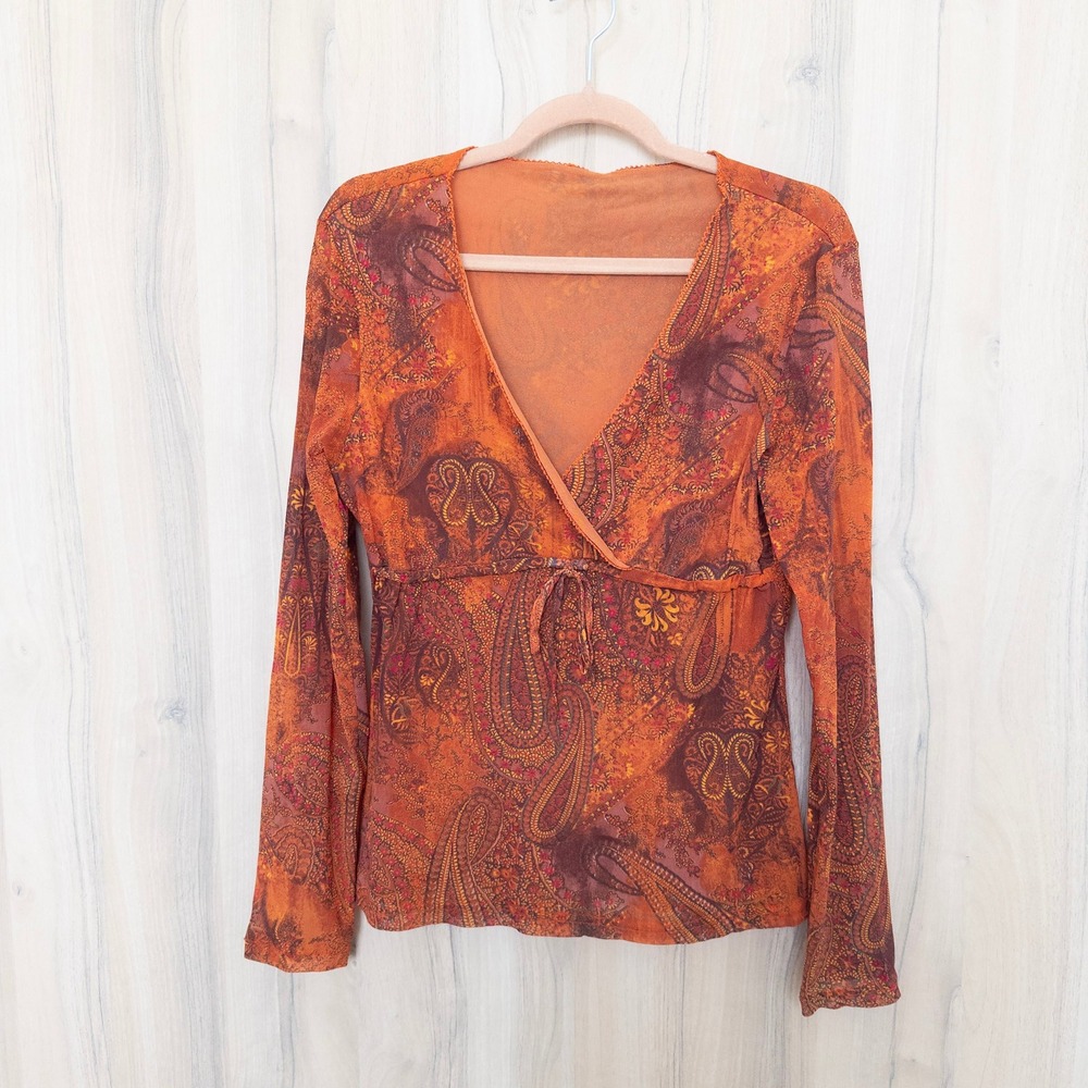 Oltre Womens Mesh Babydoll Top Large Orange Paisley Long Sleeve Boho Y2K Indie